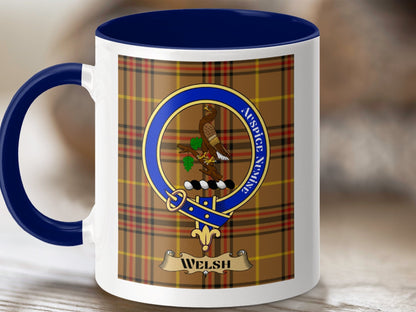 Physical Item 11oz / Dark Blue Welsh Clan Scottish Tartan Crest Mug