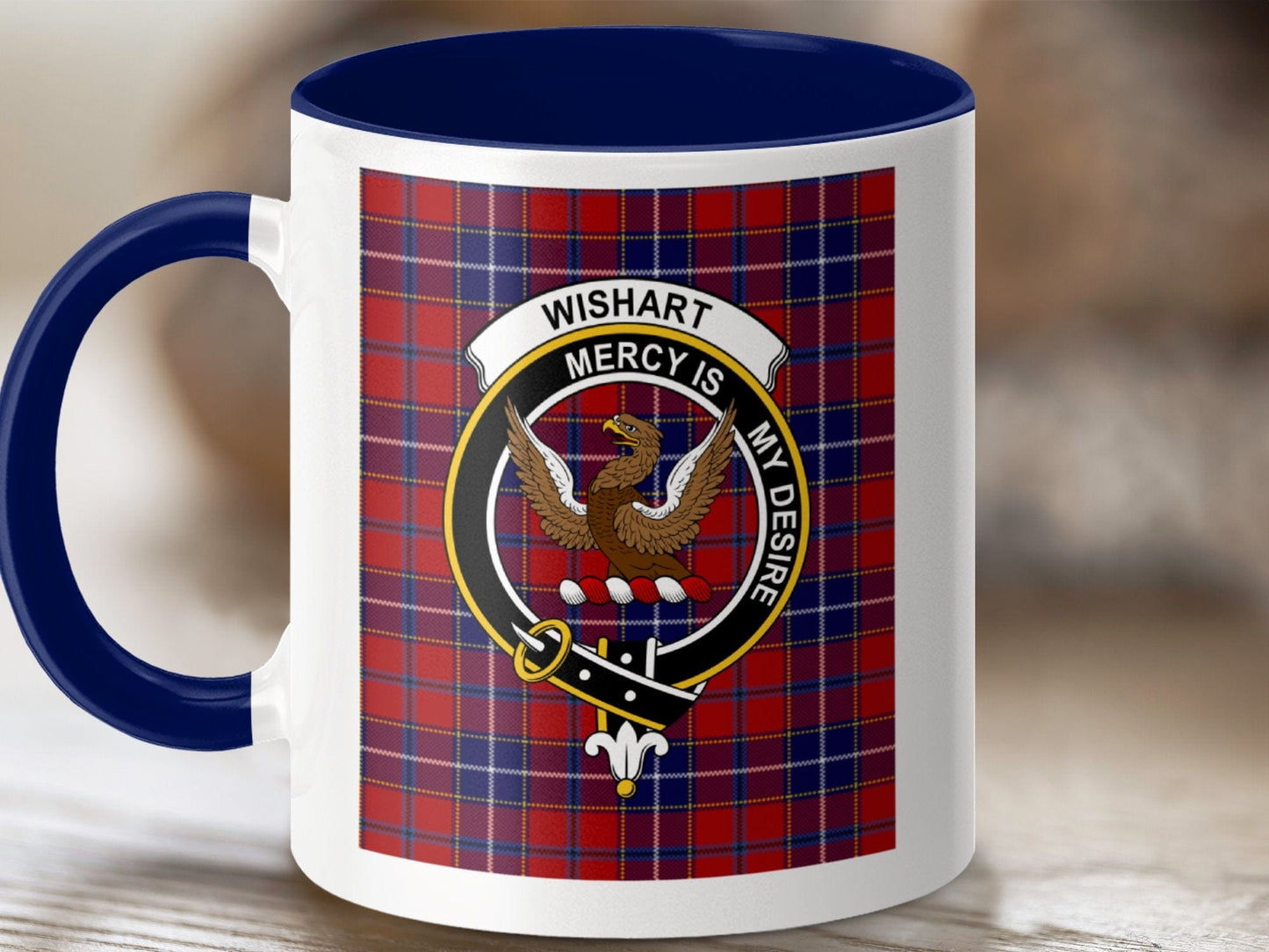 Physical Item 11oz / Dark Blue Wishart Clan Scottish Tartan Crest Mug