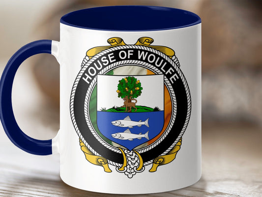 Physical Item 11oz / Dark Blue Woulfe Family Name Irish Crest Ceramic Mugs