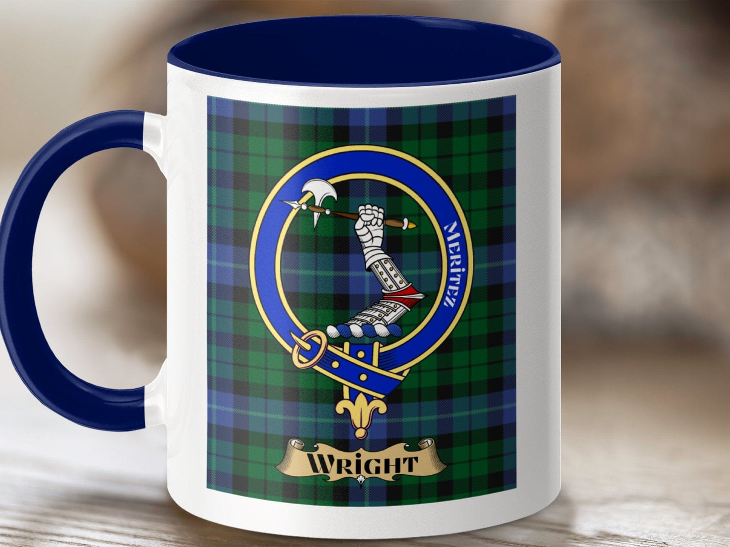 Physical Item 11oz / Dark Blue Wright Clan Scottish Tartan Crest Mug