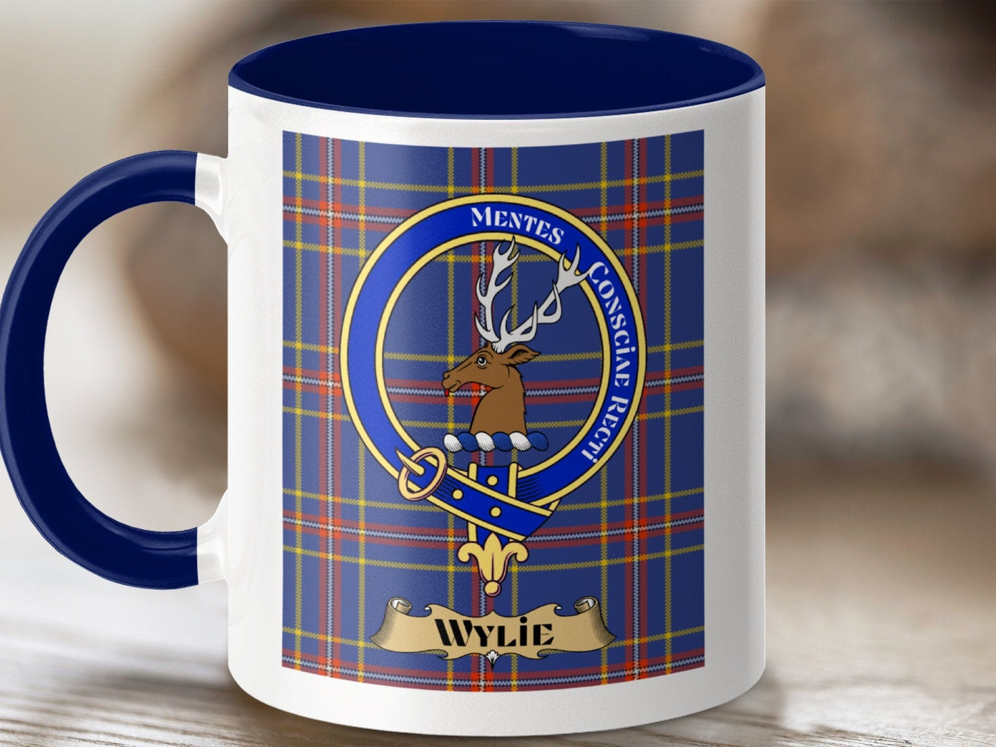 Physical Item 11oz / Dark Blue Wylie Clan Scottish Tartan Crest Mug