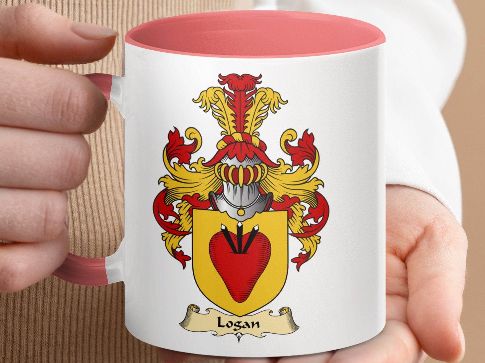 Physical Item 11oz / Pink Logan Family Crest Coat of Arms Accent Coffee Mug