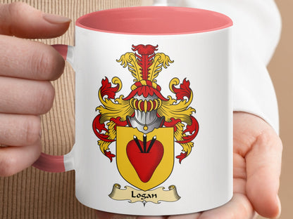 Physical Item 11oz / Pink Logan Family Crest Coat of Arms Accent Coffee Mug