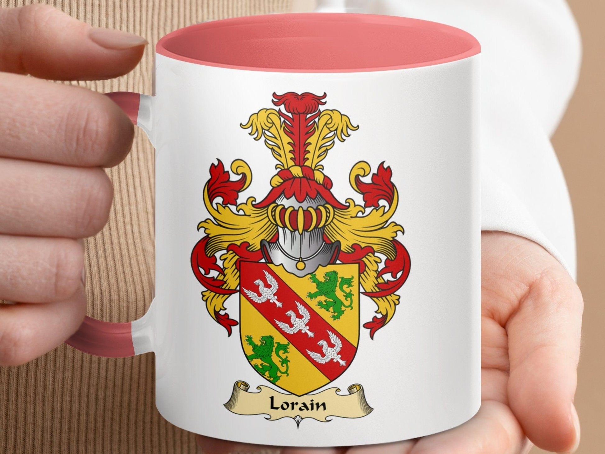 Physical Item 11oz / Pink Lorain Family Crest Coat of Arms Accent Mug