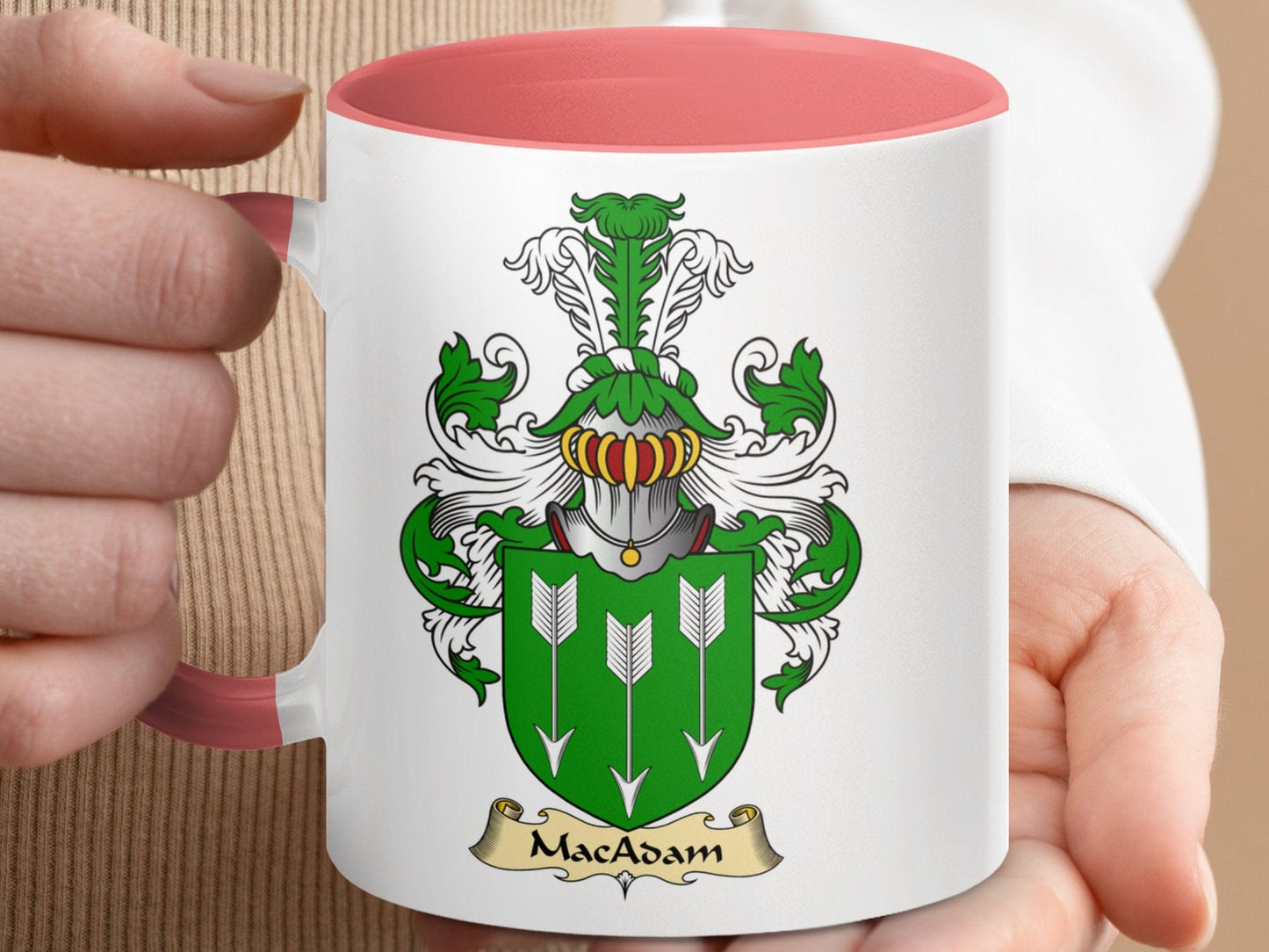 Physical Item 11oz / Pink MacAdam Family Crest Green Shield Accent Mug