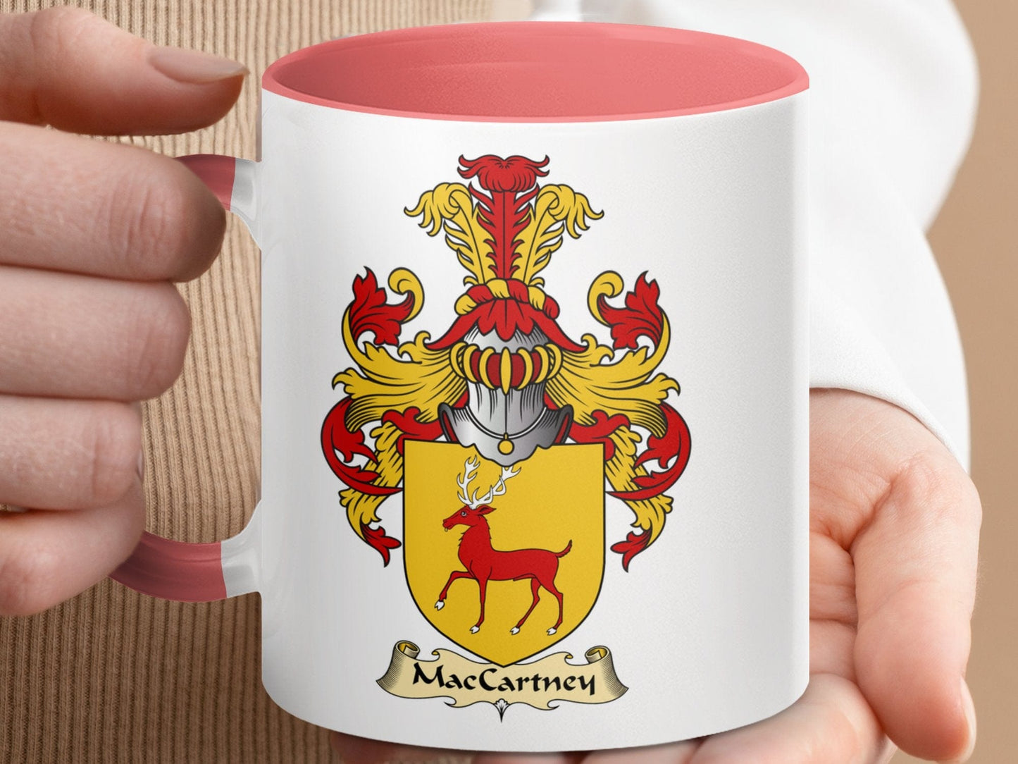 Physical Item 11oz / Pink MacCartney Family Crest Heraldic Design Accent Mug