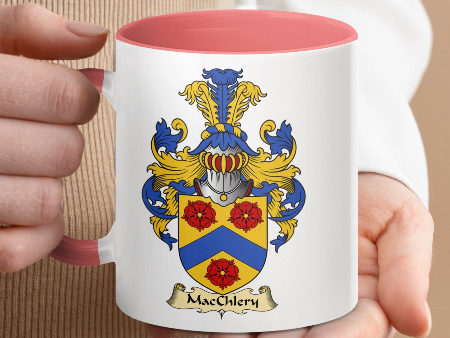 Physical Item 11oz / Pink MacChlery Family Crest with Roses and Chevron Mug