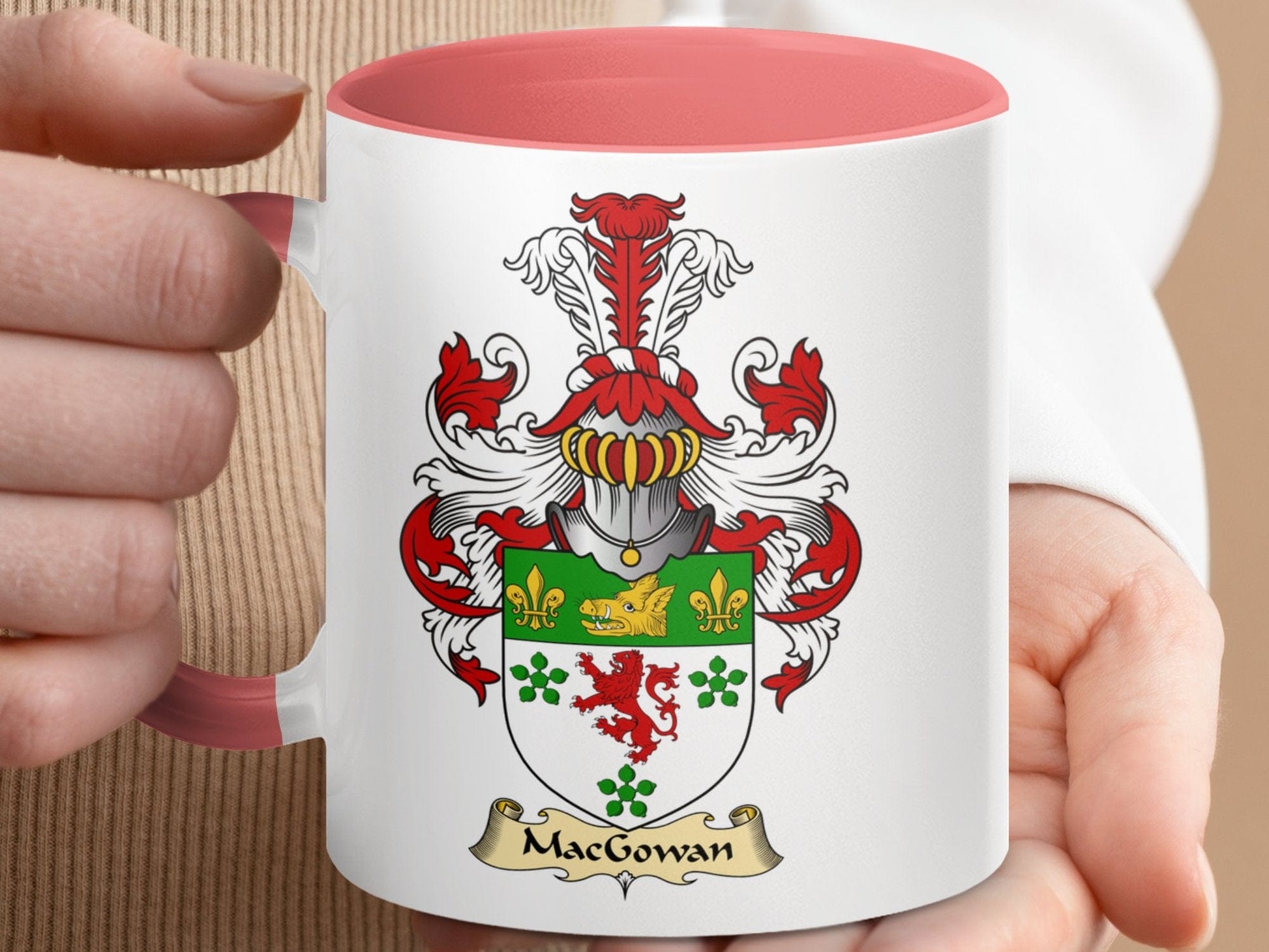 Physical Item 11oz / Pink Macgowan Family Crest Heraldry Accent Coffee Mug