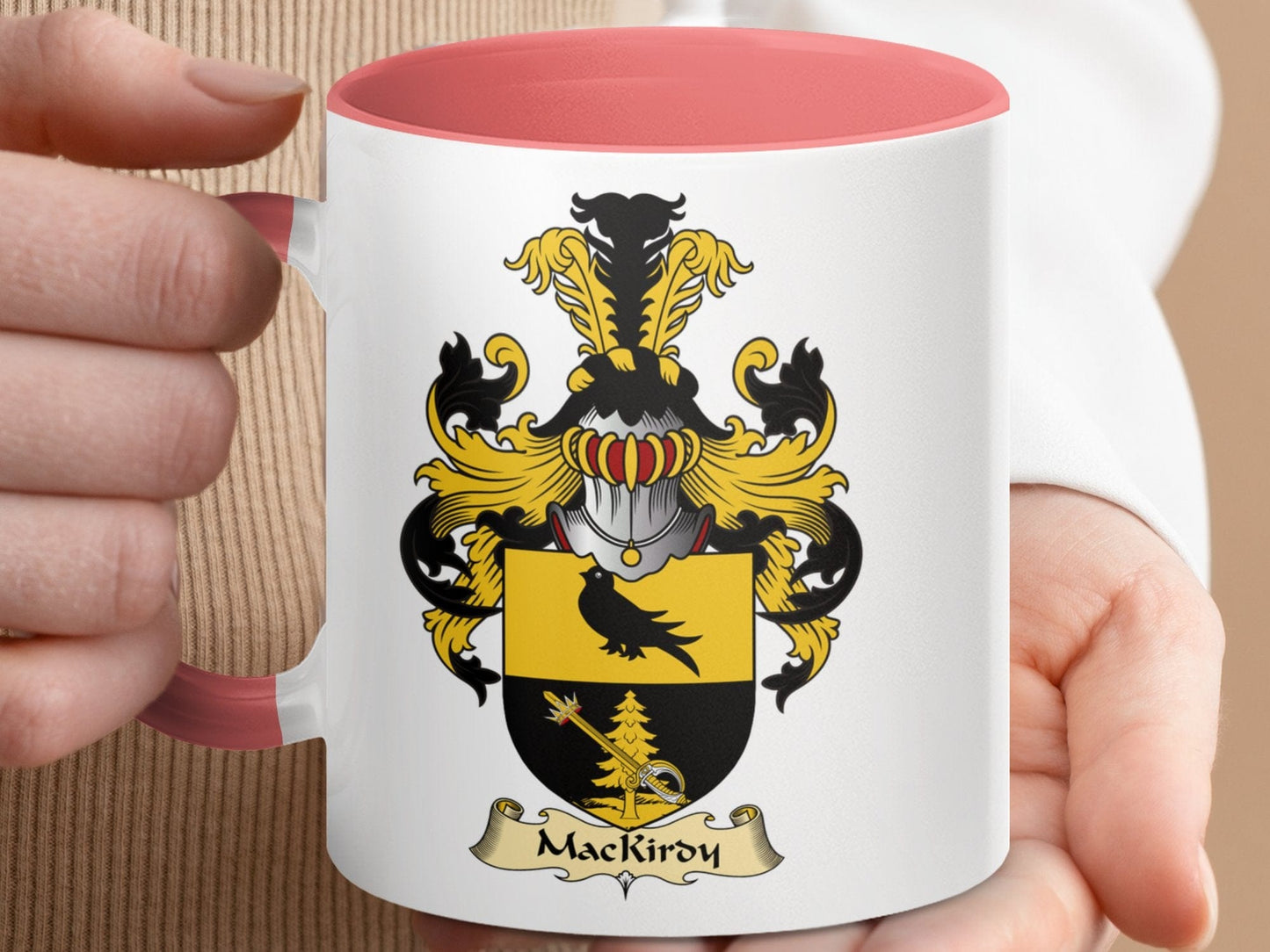 Physical Item 11oz / Pink MacKirdy Family Crest Shield Design Accent Coffee Mug