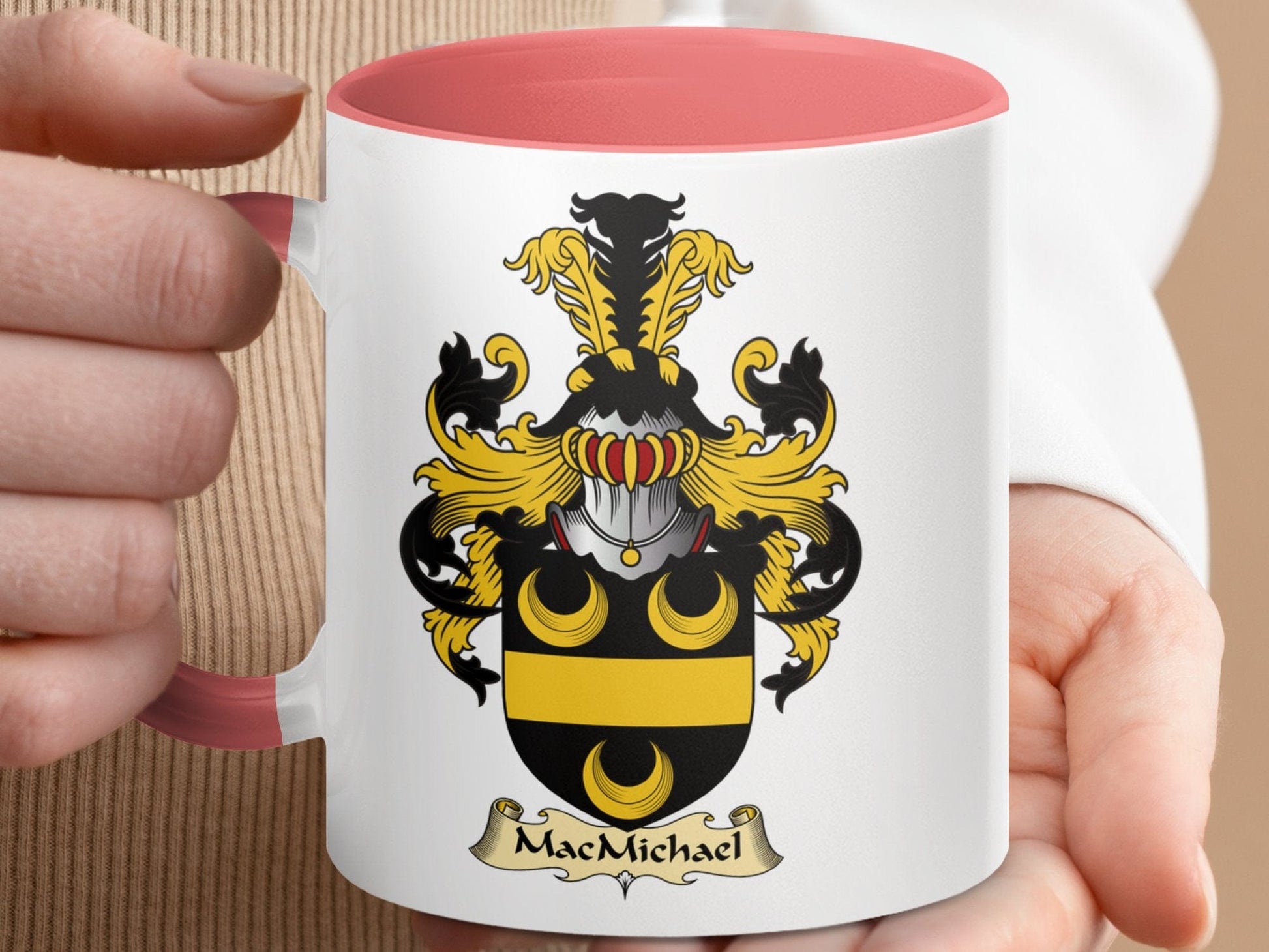 Physical Item 11oz / Pink MacMichael Family Crest Emblazoned Accent Coffee Mug