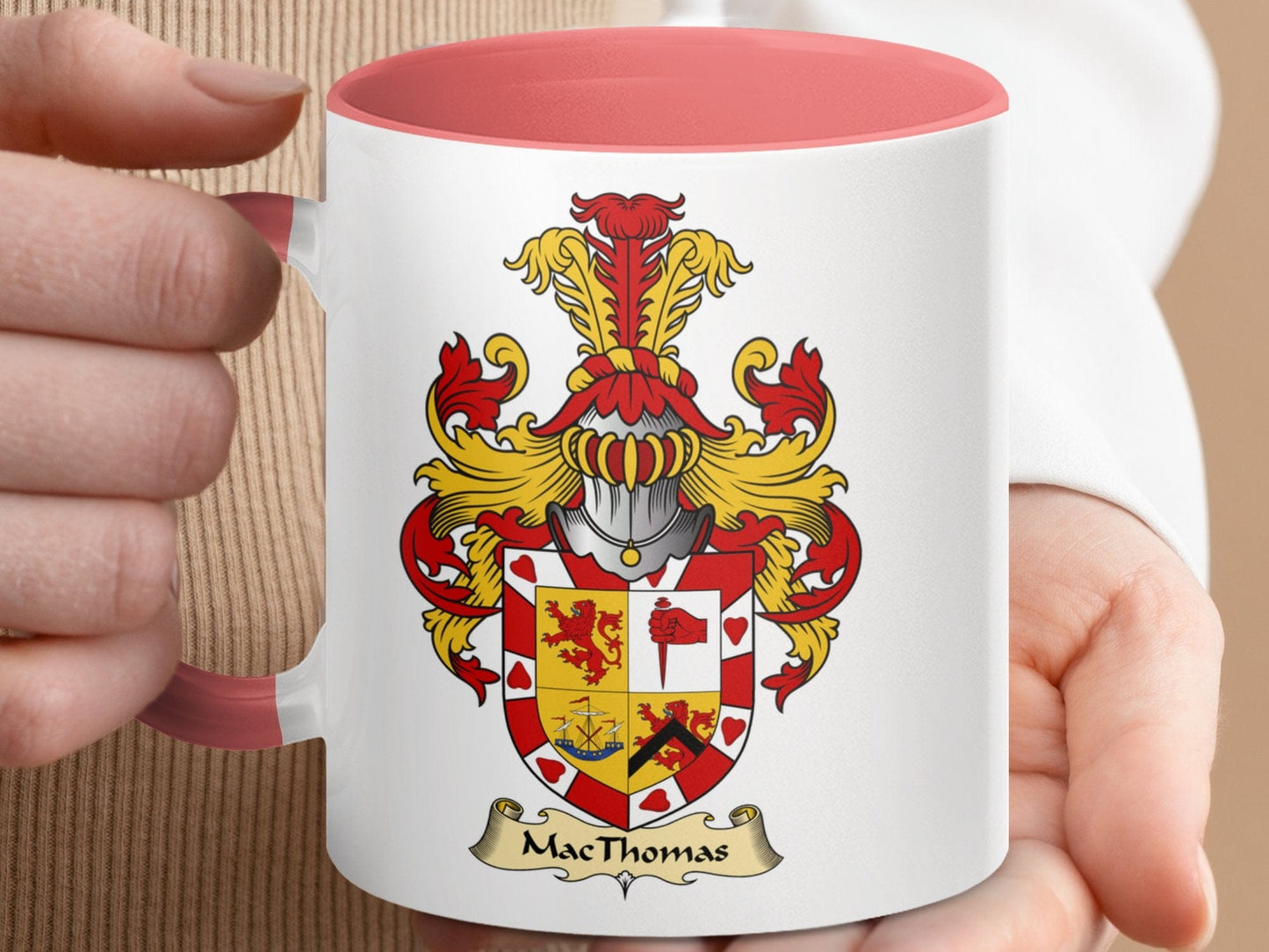 Physical Item 11oz / Pink MacThomas Family Crest Coat of Arms Accent Coffee Mug