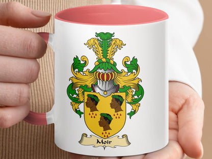 Physical Item 11oz / Pink Moir Family Crest Coat of Arms Design Accent Mug