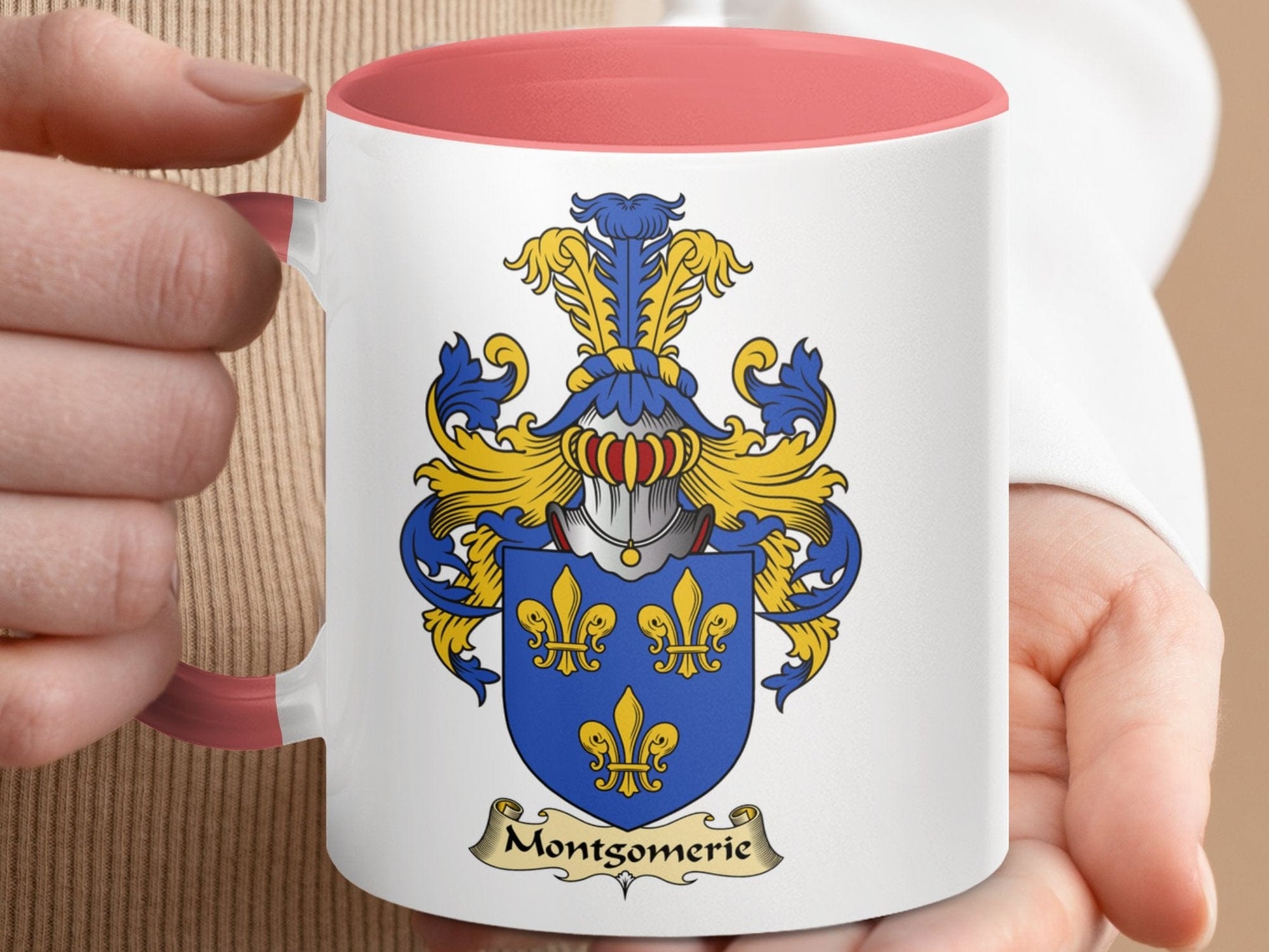 Physical Item 11oz / Pink Montgomerie Family Crest Royal Blue Accent Coffee Mug