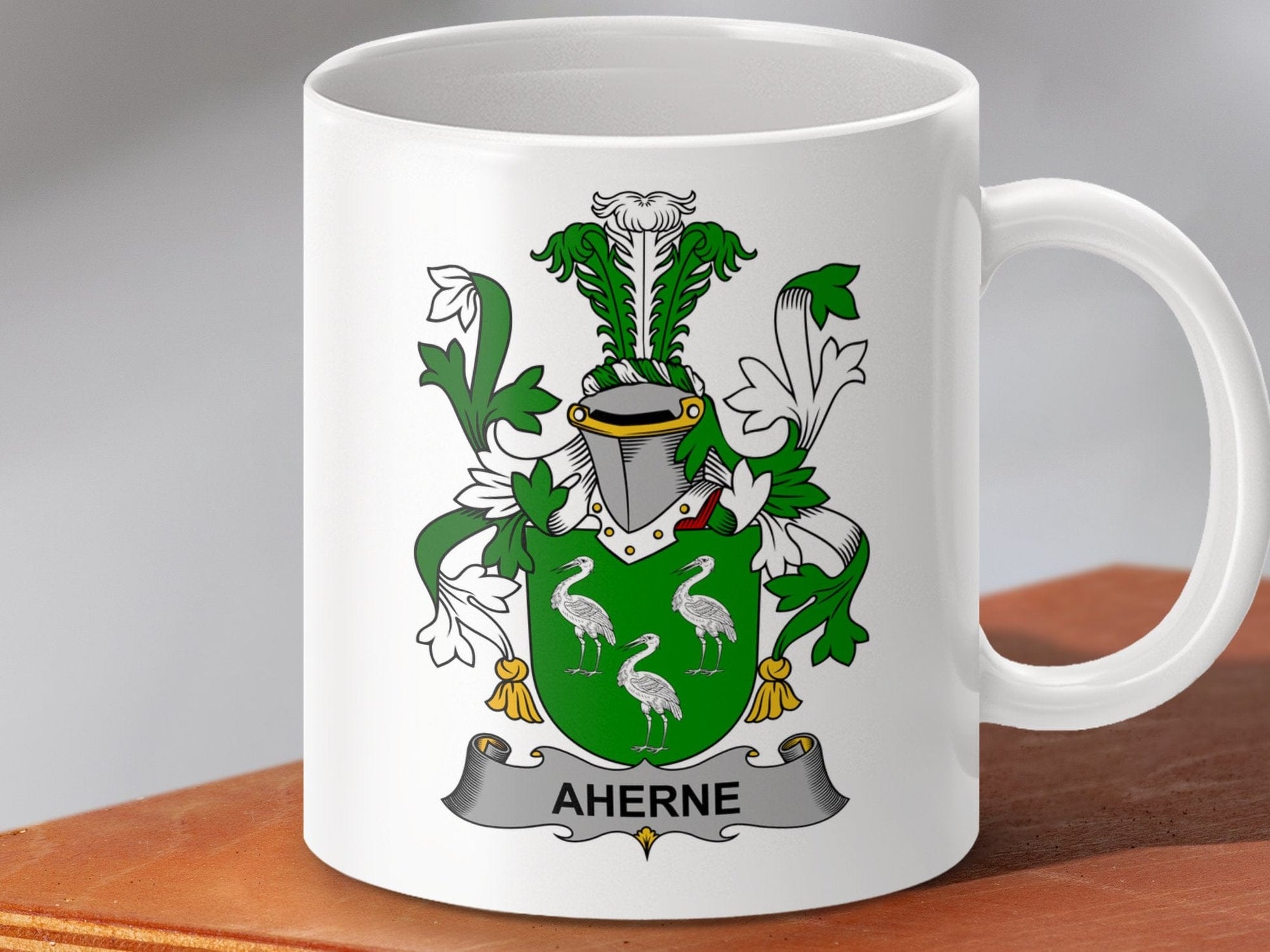 Physical Item 11oz / White Aherne Surname Irish Heraldry Ceramic Mug