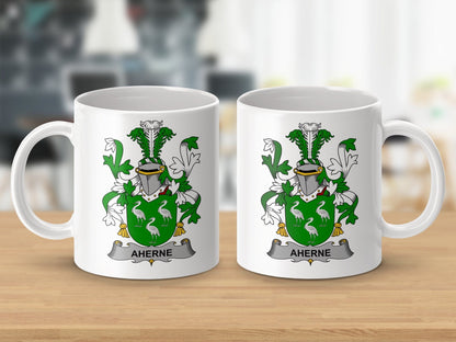 Physical Item 11oz / White Aherne Surname Irish Heraldry Ceramic Mug