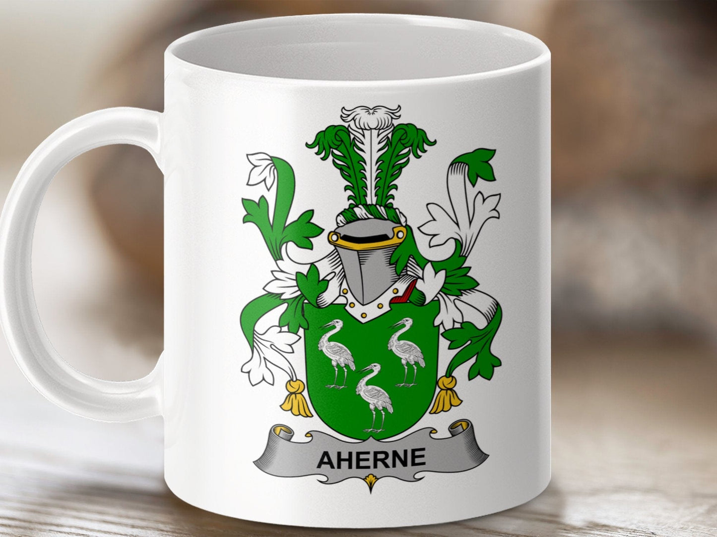 Physical Item 11oz / White Aherne Surname Irish Heraldry Ceramic Mug