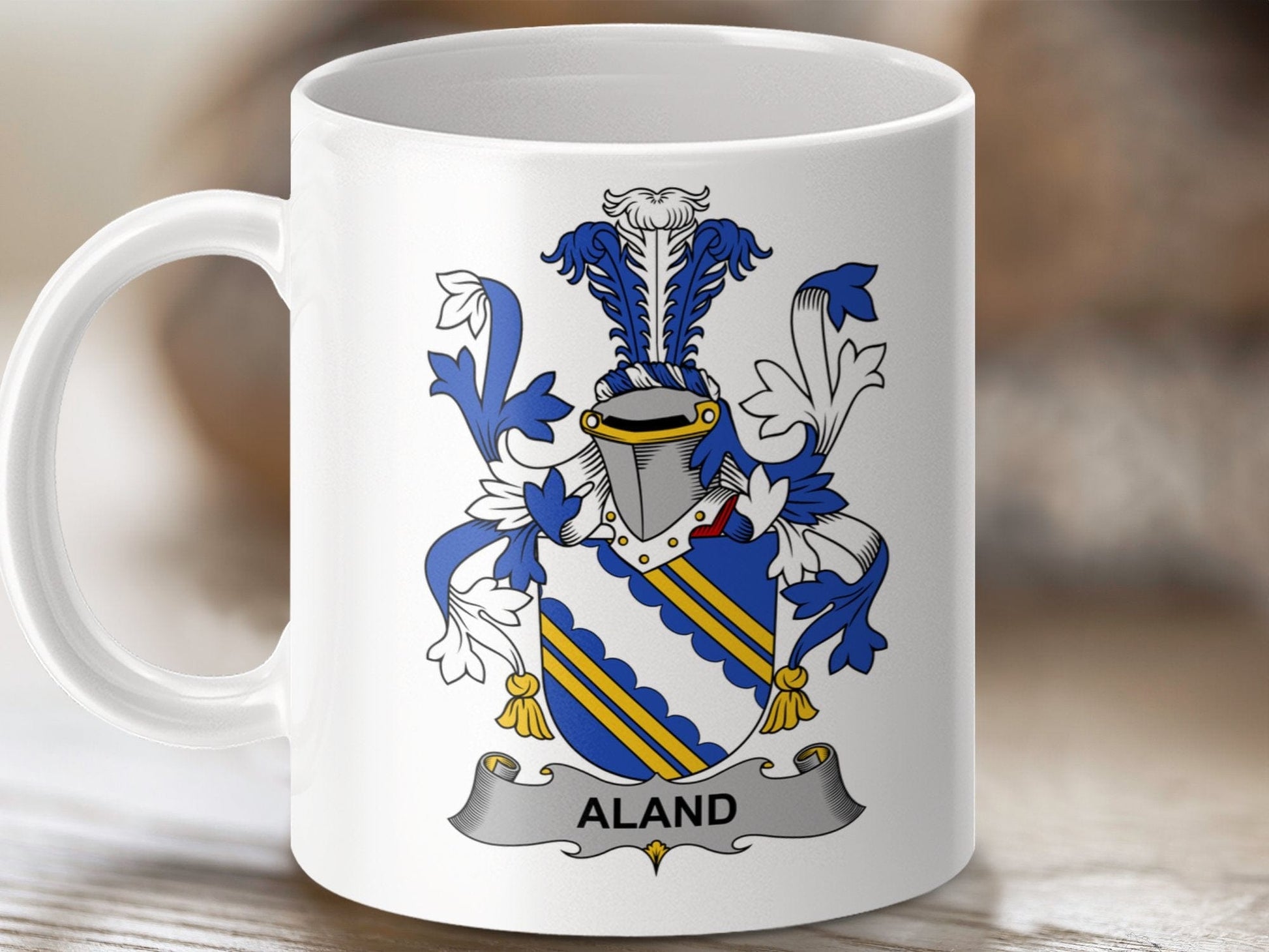 Physical Item 11oz / White Aland Surname Irish Heraldry Coat of Arms Mug