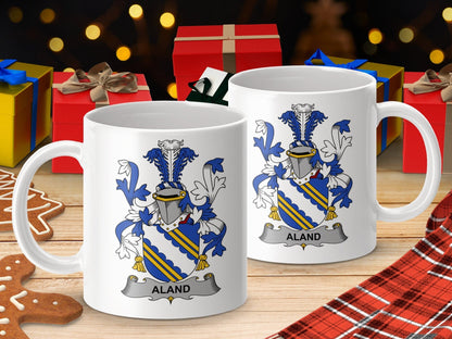 Physical Item 11oz / White Aland Surname Irish Heraldry Coat of Arms Mug