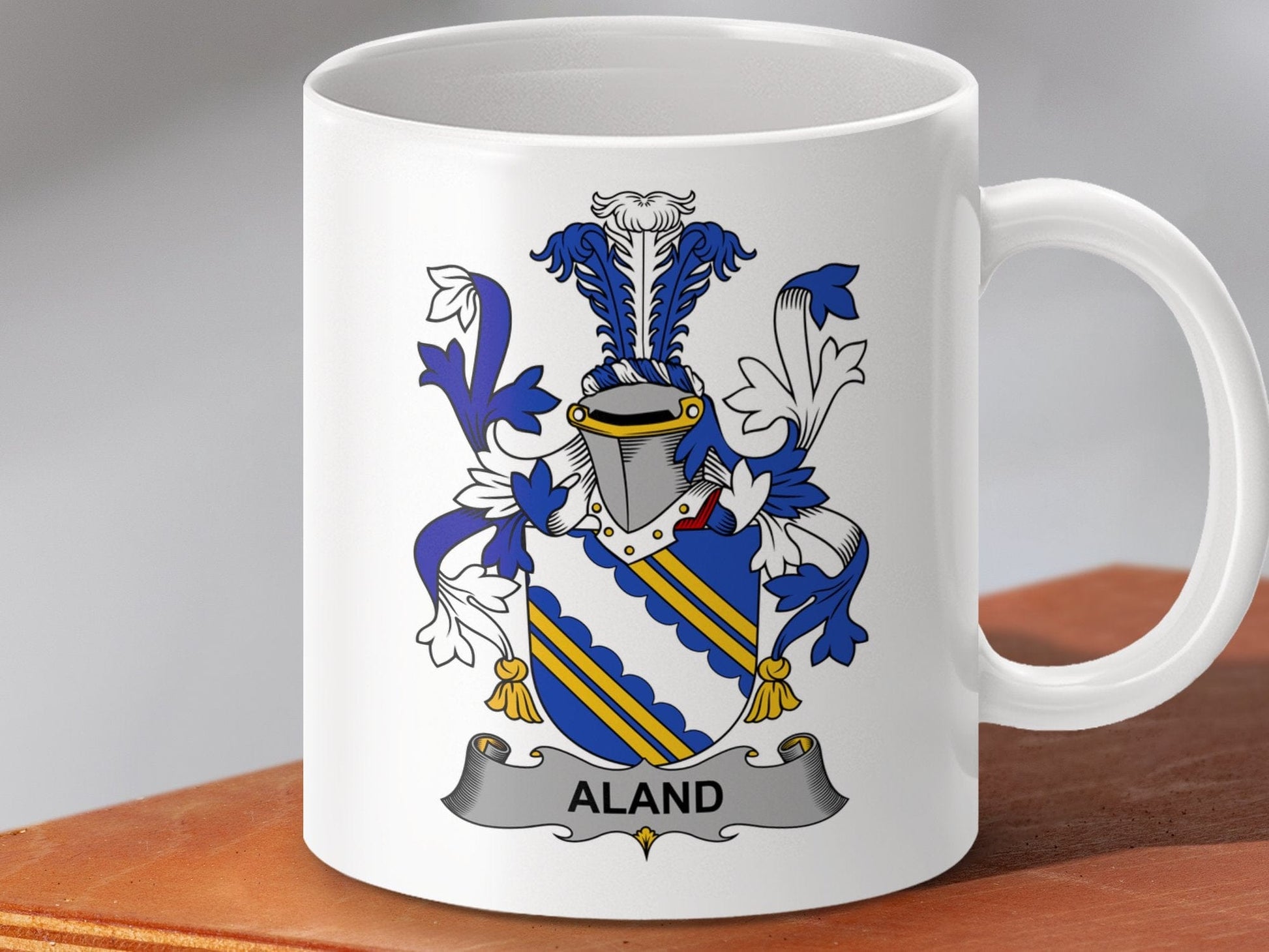 Physical Item 11oz / White Aland Surname Irish Heraldry Coat of Arms Mug