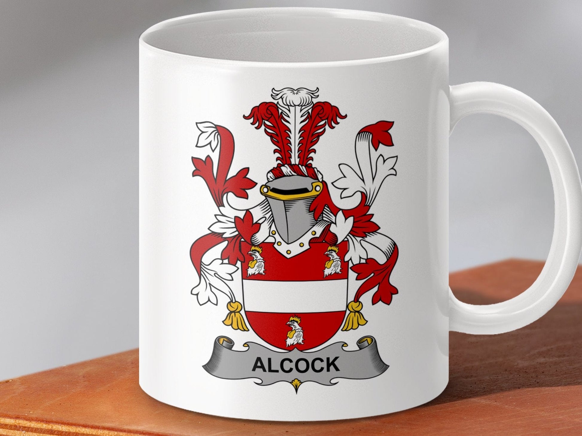 Physical Item 11oz / White Alcock Surname Irish Heraldry Ceramic Mug