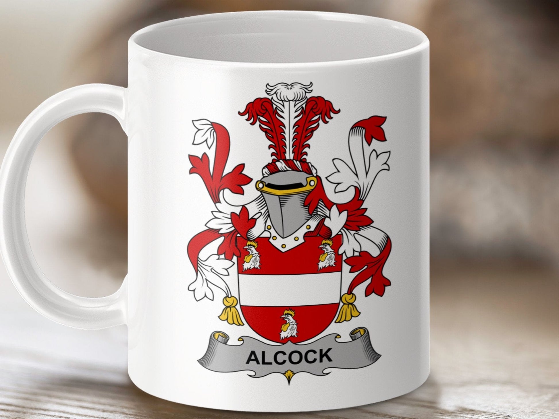 Physical Item 11oz / White Alcock Surname Irish Heraldry Ceramic Mug