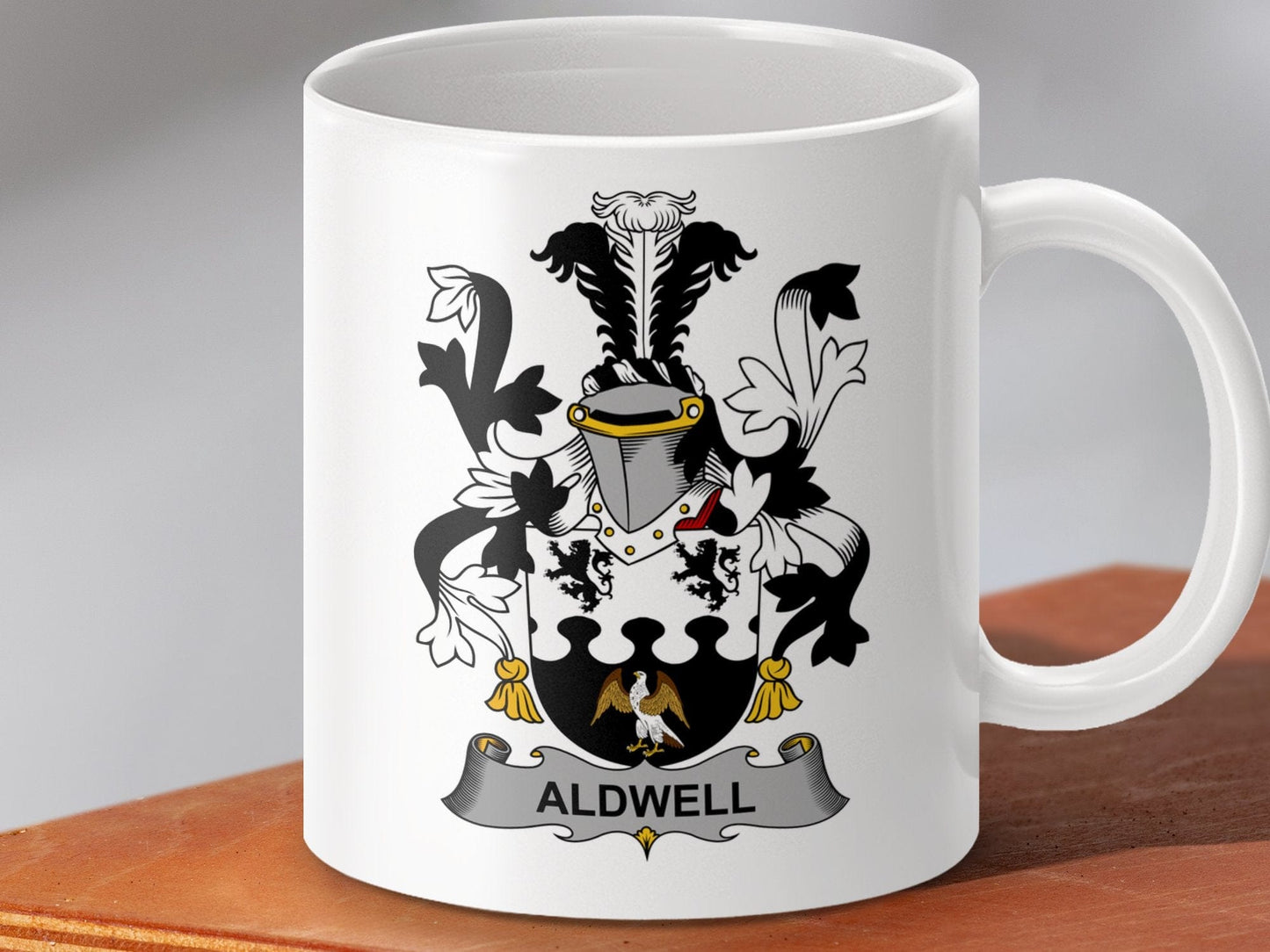 Physical Item 11oz / White Aldwell Surname Irish Heraldry Ceramic Mug