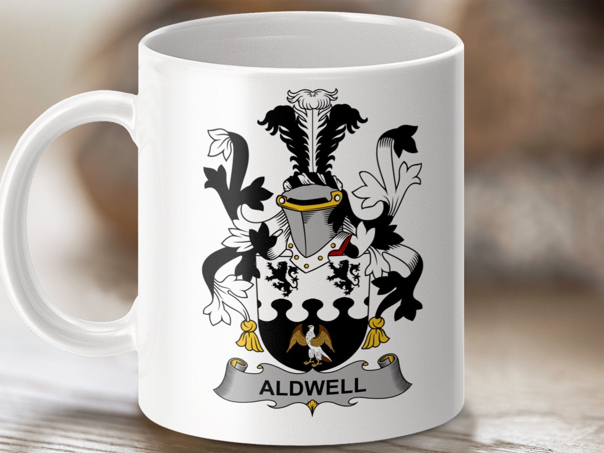 Physical Item 11oz / White Aldwell Surname Irish Heraldry Ceramic Mug