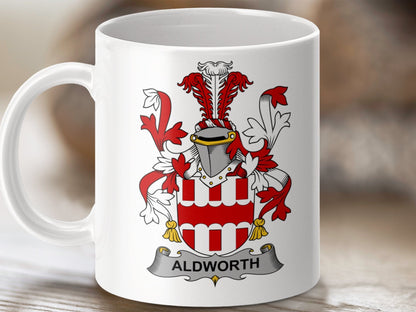 Physical Item 11oz / White Aldworth Surname Irish Heraldry Ceramic Mug