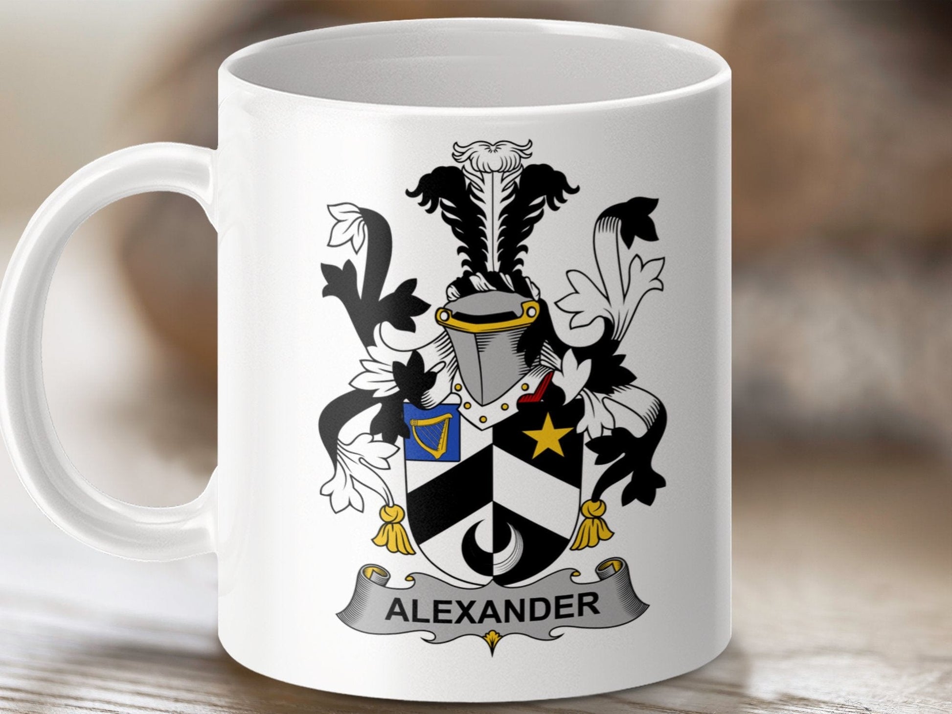 Physical Item 11oz / White Alexander Surname Irish Heraldry Ceramic Mug