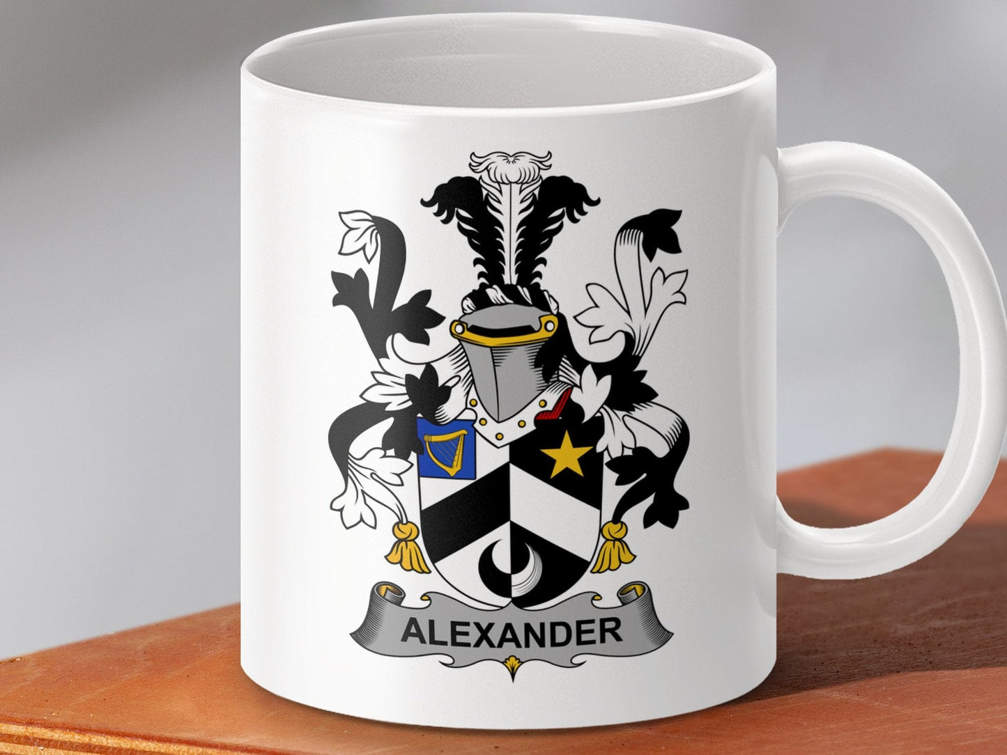 Physical Item 11oz / White Alexander Surname Irish Heraldry Ceramic Mug