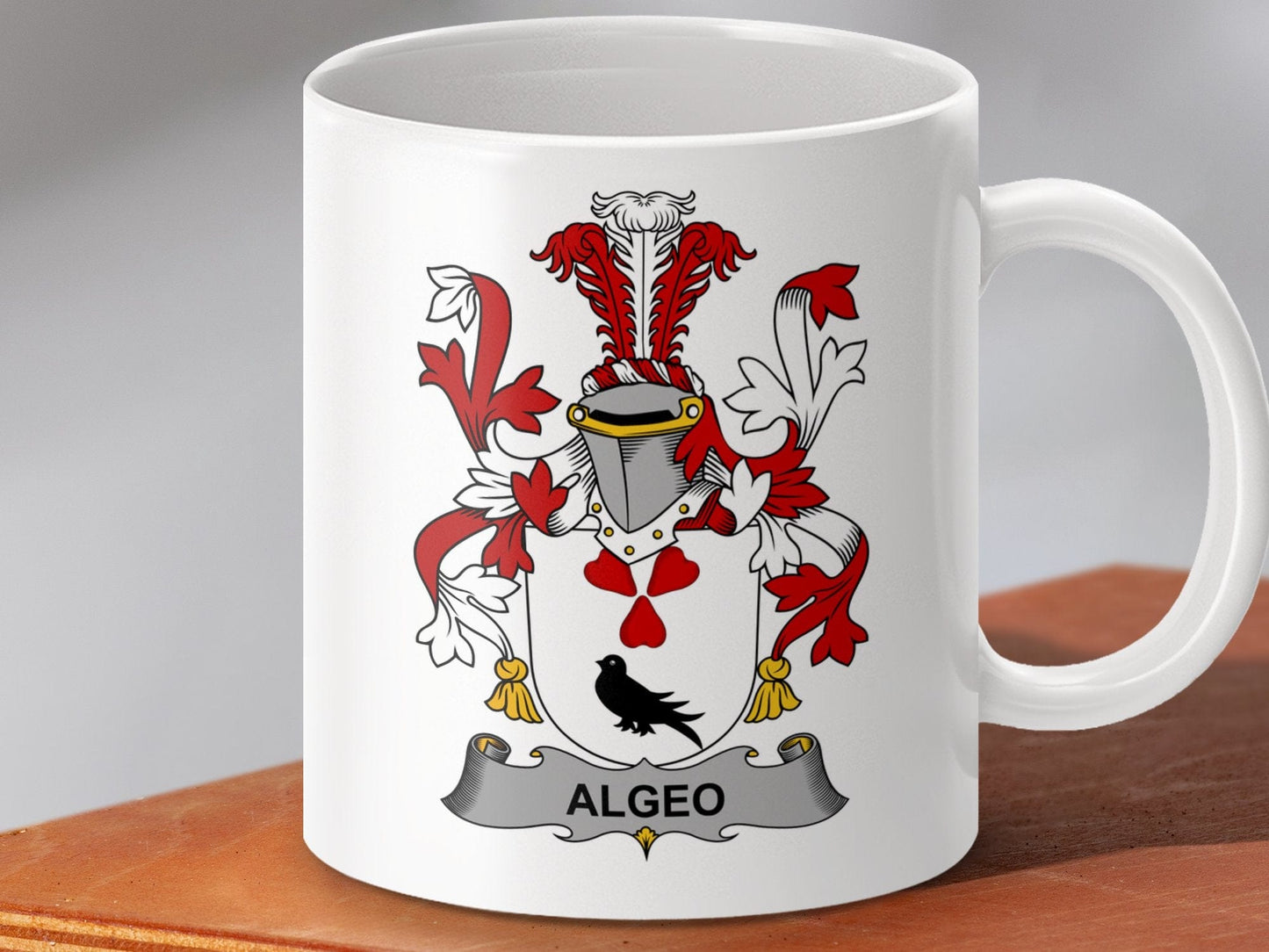 Physical Item 11oz / White Algeo Surname Irish Heraldry Ceramic Mug