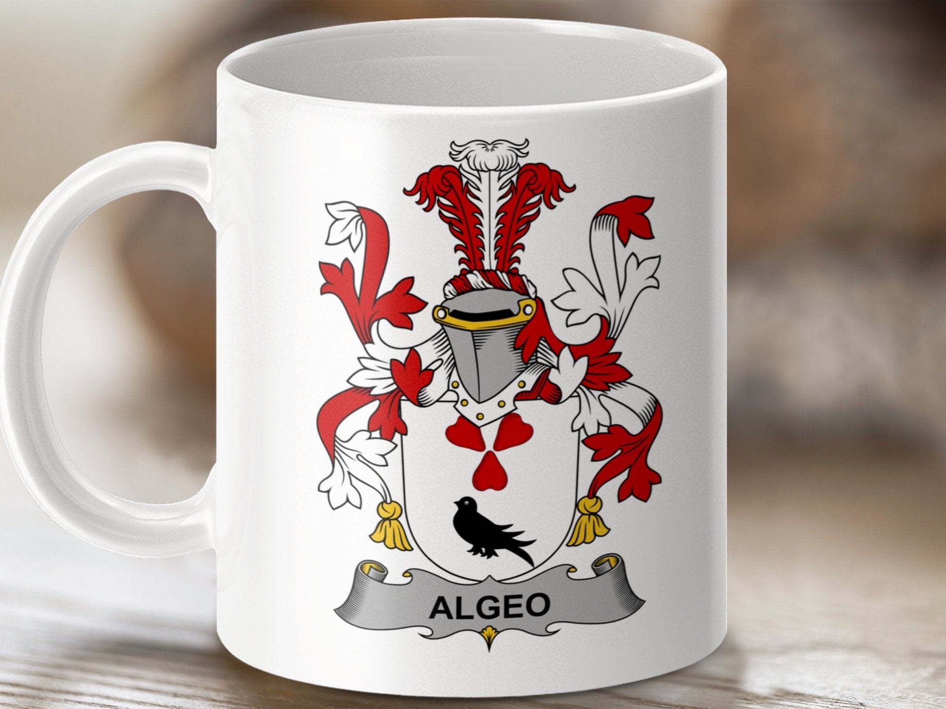 Physical Item 11oz / White Algeo Surname Irish Heraldry Ceramic Mug