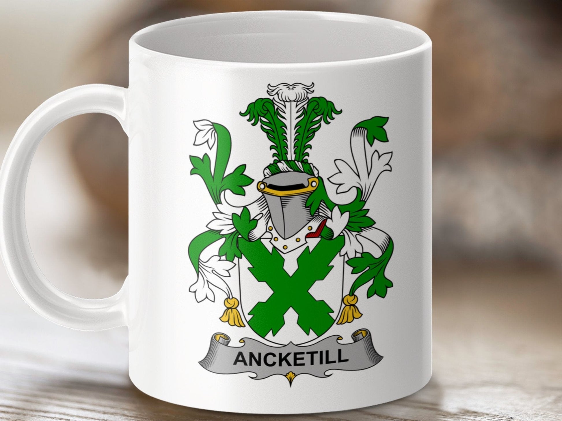 Physical Item 11oz / White Ancketill Surname Irish Heraldry Ceramic Mug