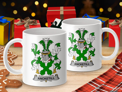 Physical Item 11oz / White Ancketill Surname Irish Heraldry Ceramic Mug