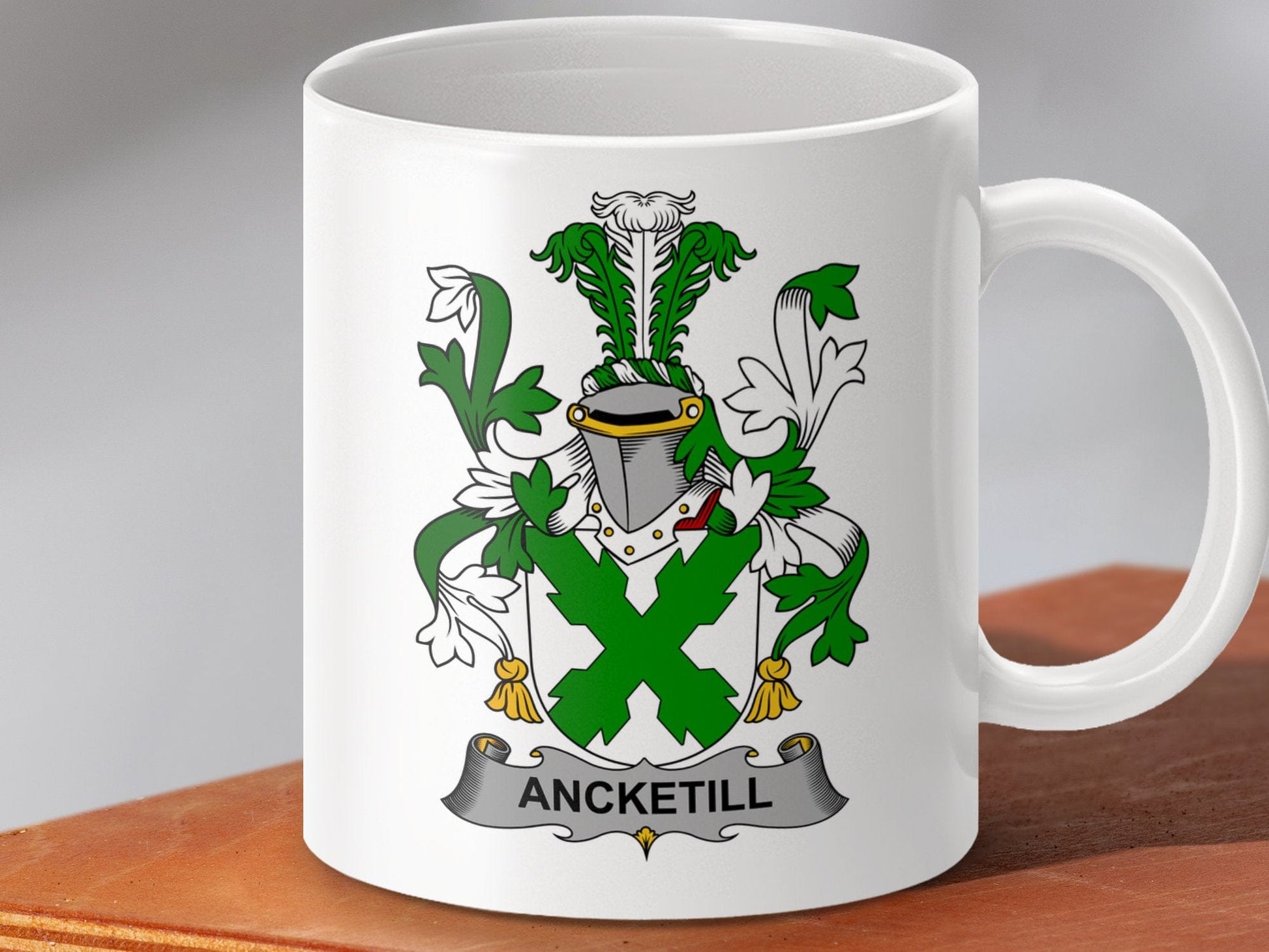 Physical Item 11oz / White Ancketill Surname Irish Heraldry Ceramic Mug