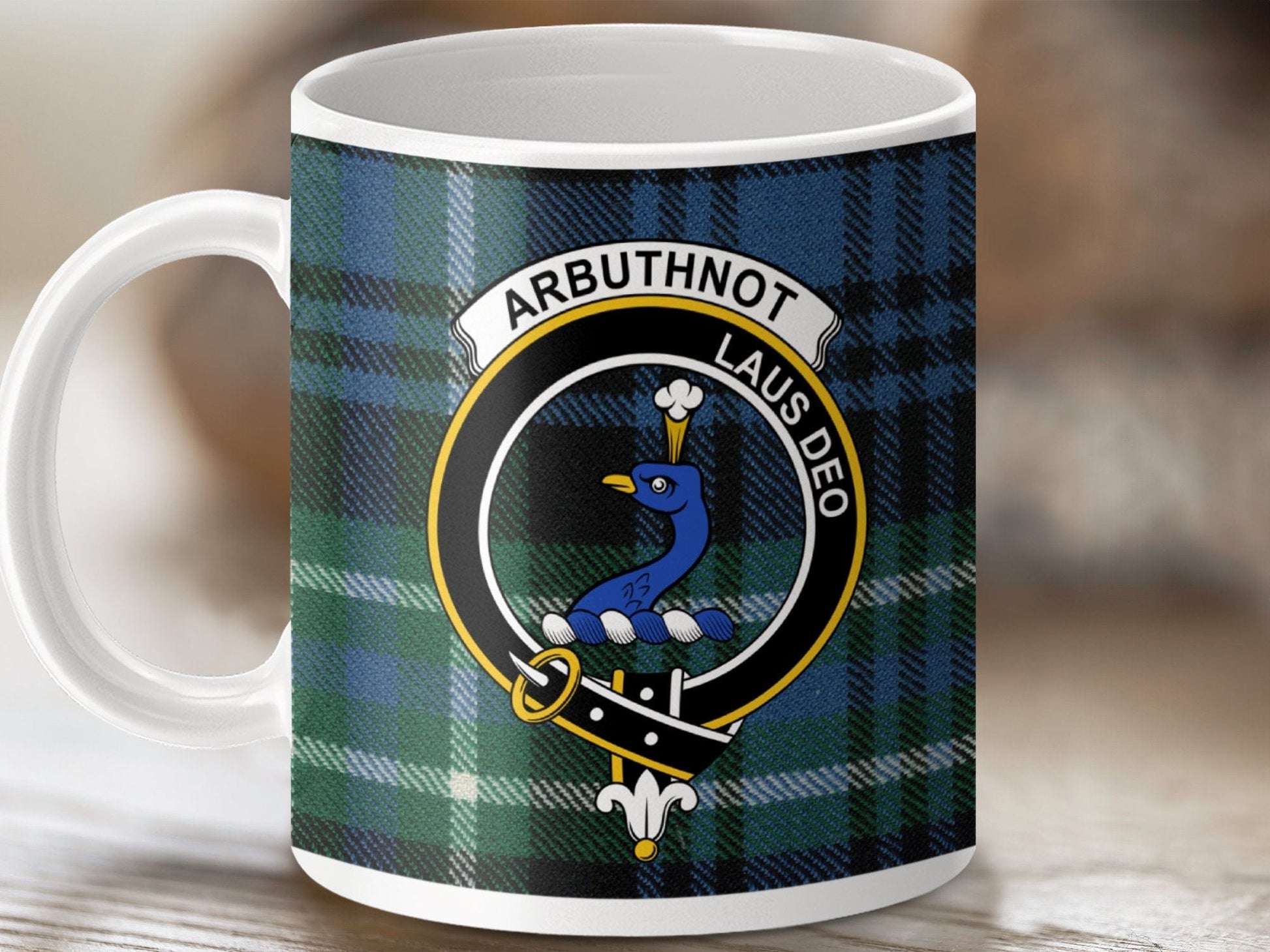 Physical Item 11oz / White Arbuthnot Clan Crest Tartan Scottish Mug