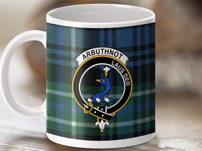 Physical Item 11oz / White Arbuthnot Clan Crest Tartan Scottish Mug