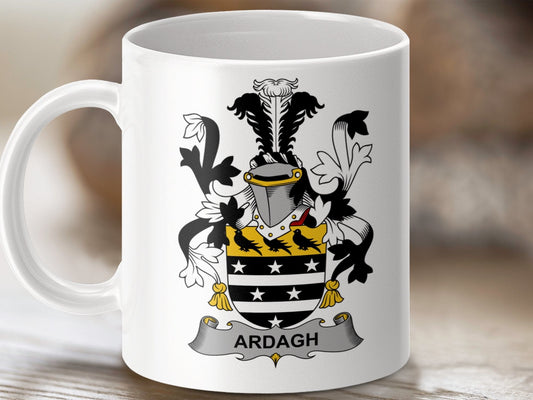 Physical Item 11oz / White Ardagh Surname Irish Heraldry Family Crest Mug