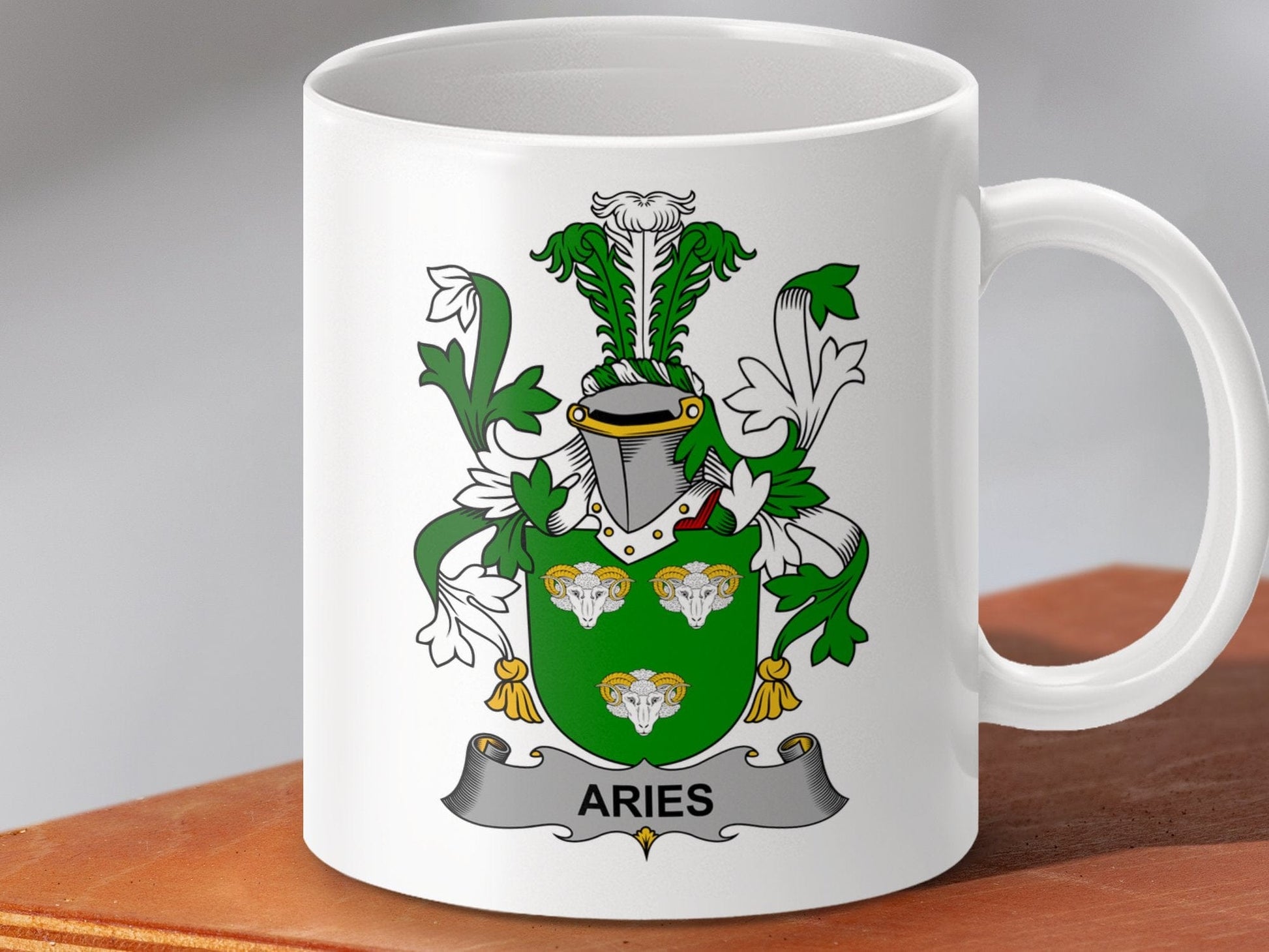 Physical Item 11oz / White Aries Surname Irish Heraldry Ceramic Mug