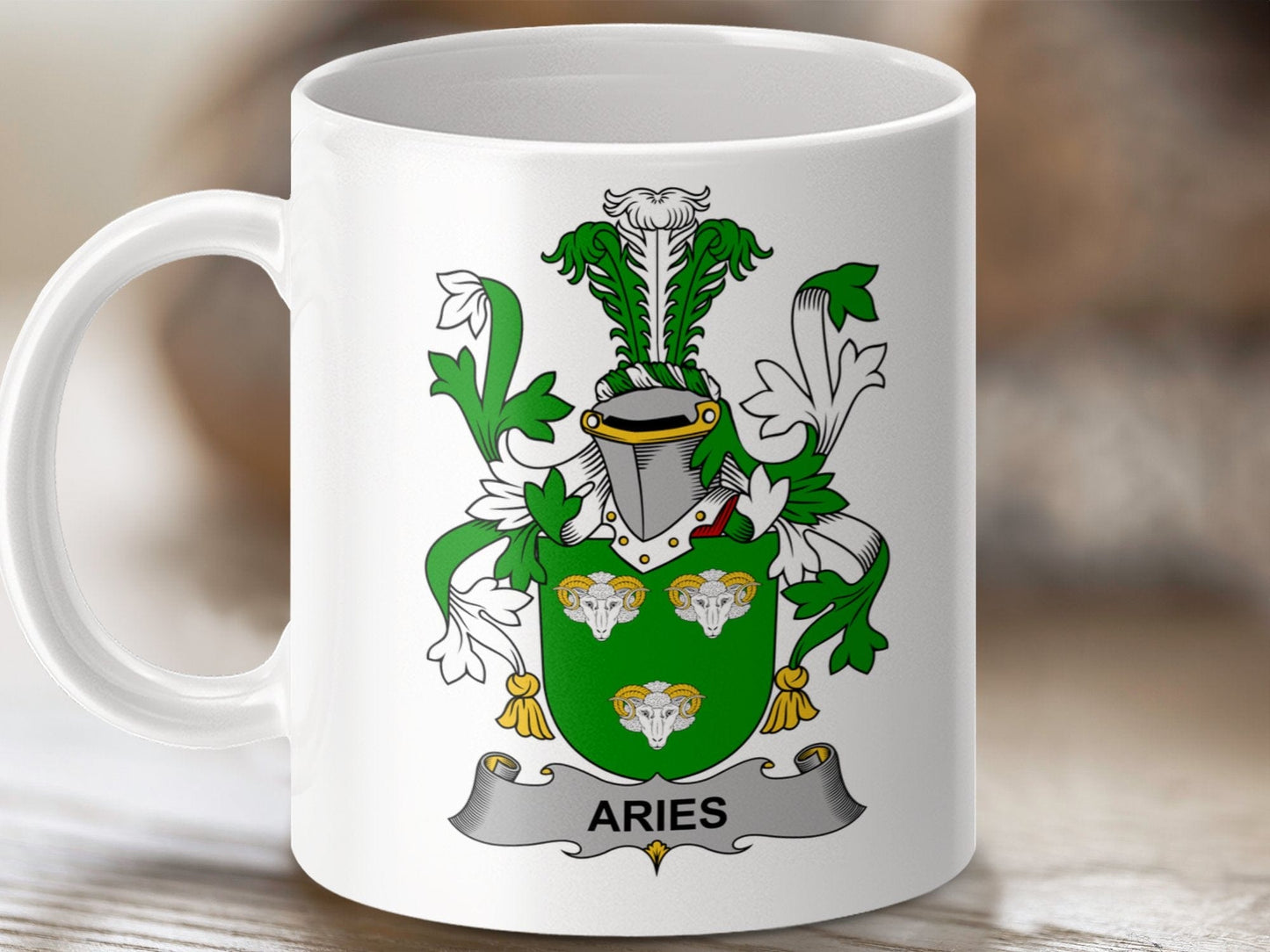 Physical Item 11oz / White Aries Surname Irish Heraldry Ceramic Mug