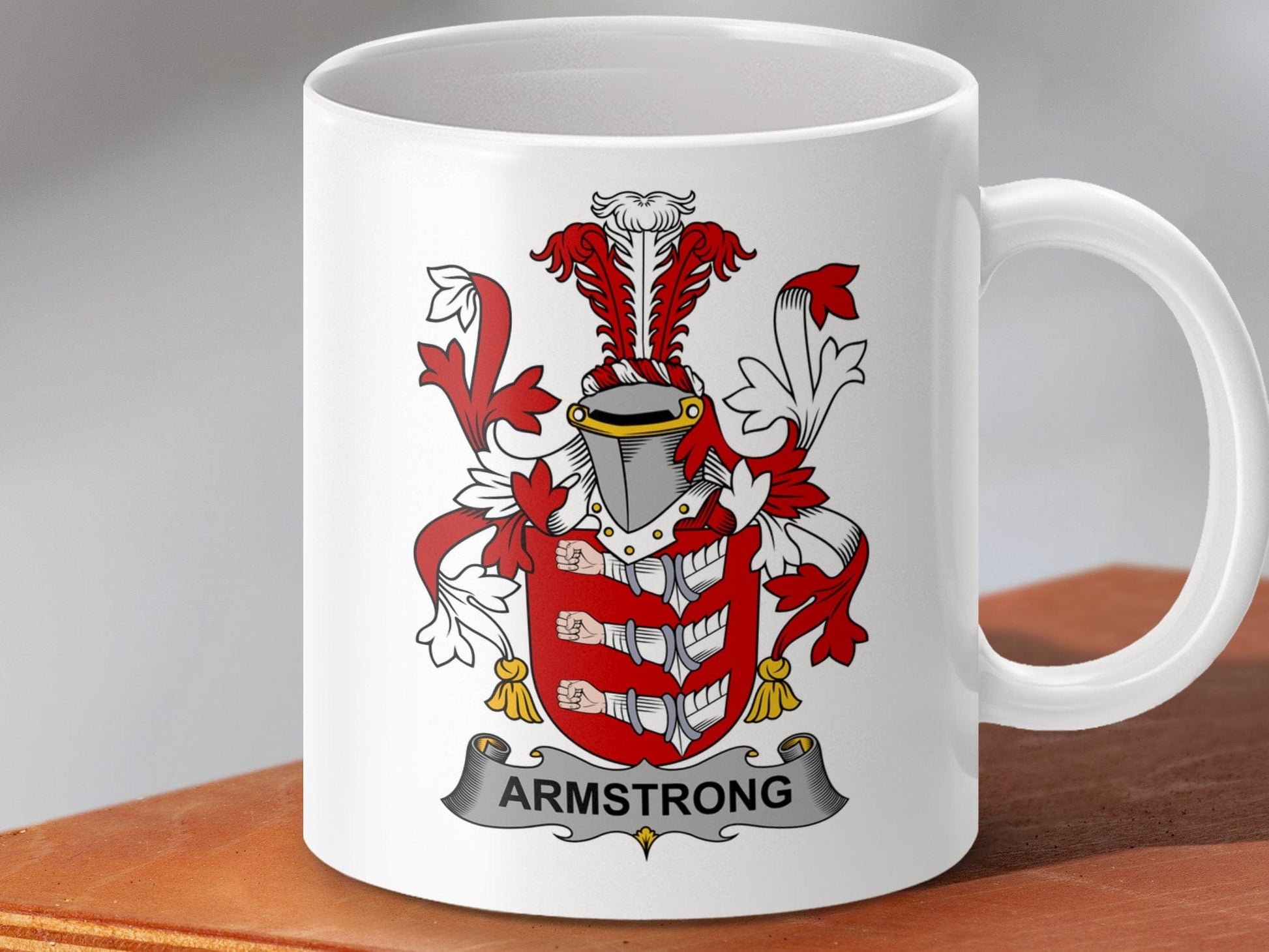 Physical Item 11oz / White Armstrong Surname Irish Heraldry Ceramic Mug