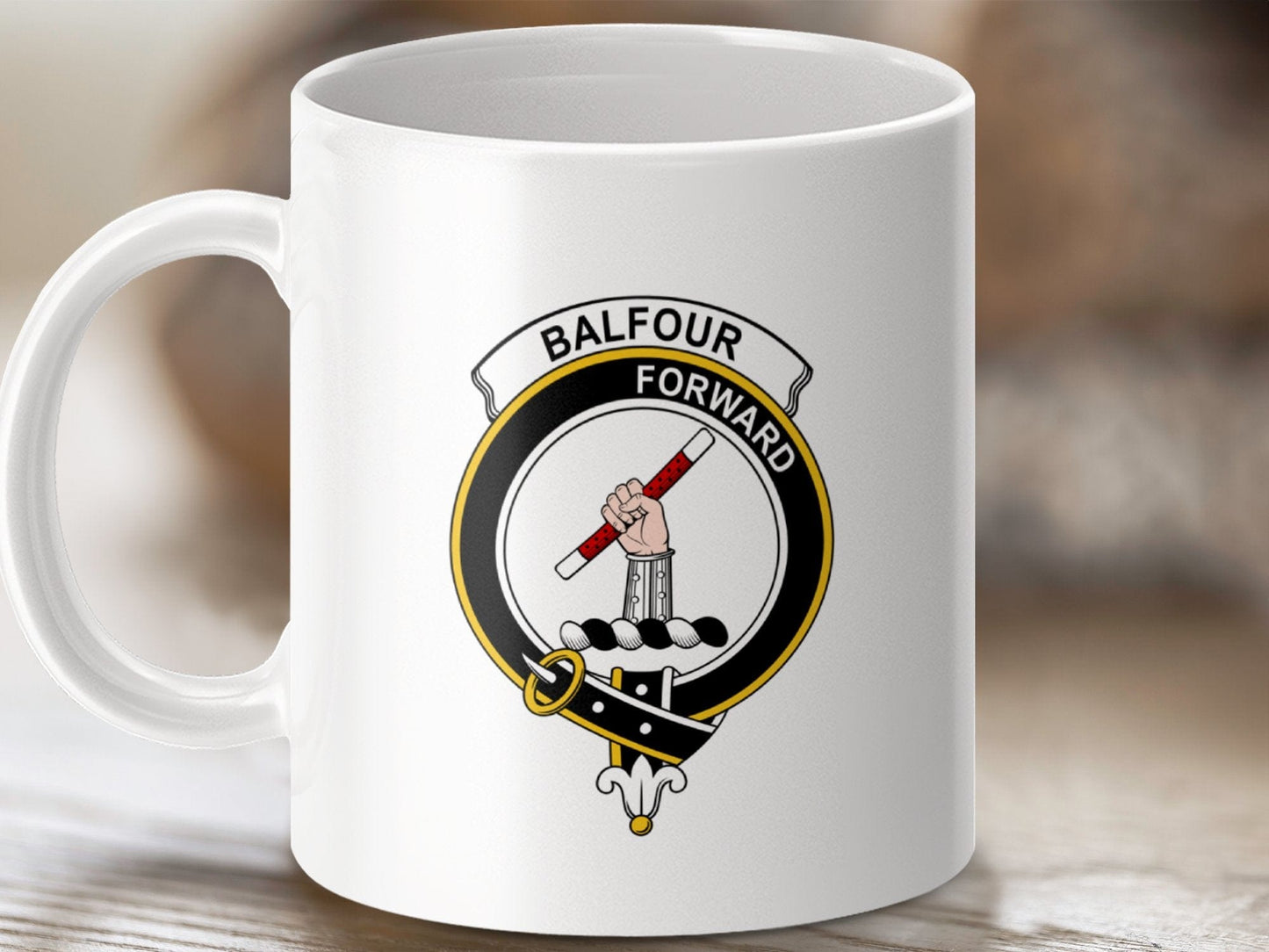 Physical Item 11oz / White Balfour Clan Crest Tartan Scottish Mug