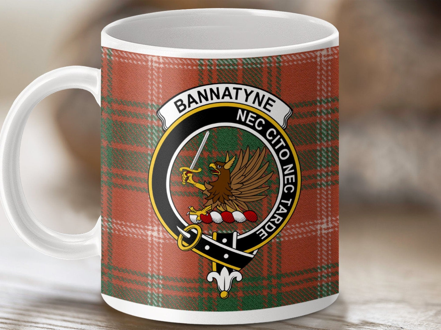 Physical Item 11oz / White Bannatyne Clan Crest Tartan Scottish Mug