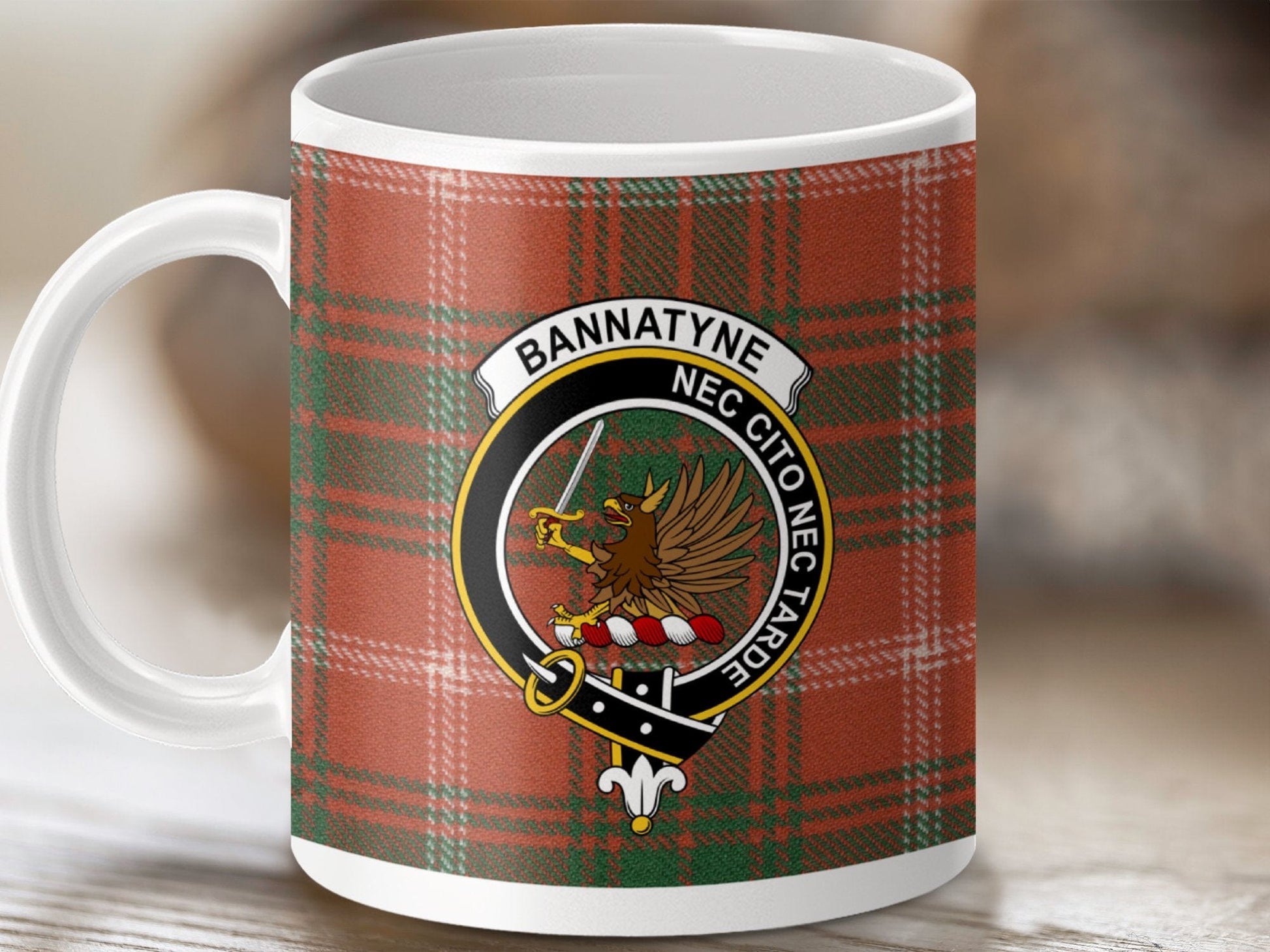 Physical Item 11oz / White Bannatyne Clan Crest Tartan Scottish Mug