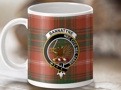 Physical Item 11oz / White Bannatyne Clan Crest Tartan Scottish Mug