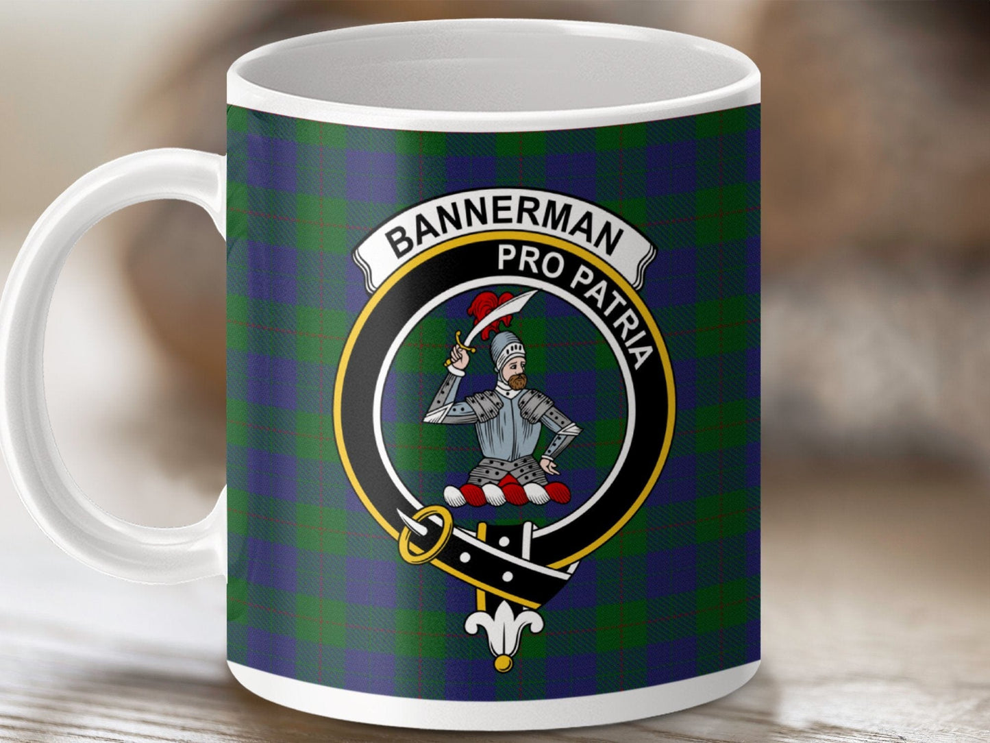 Physical Item 11oz / White Bannerman Clan Crest Tartan Scottish Mug