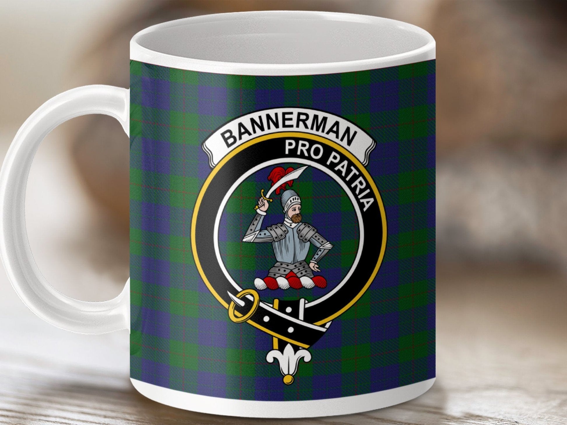 Physical Item 11oz / White Bannerman Clan Crest Tartan Scottish Mug