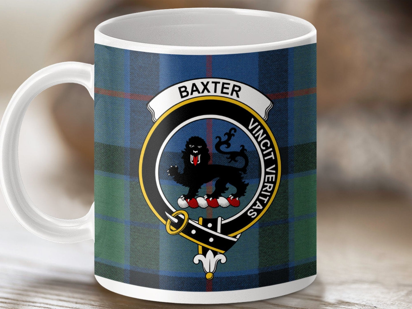 Physical Item 11oz / White Baxter Clan Crest Tartan Scottish Mug