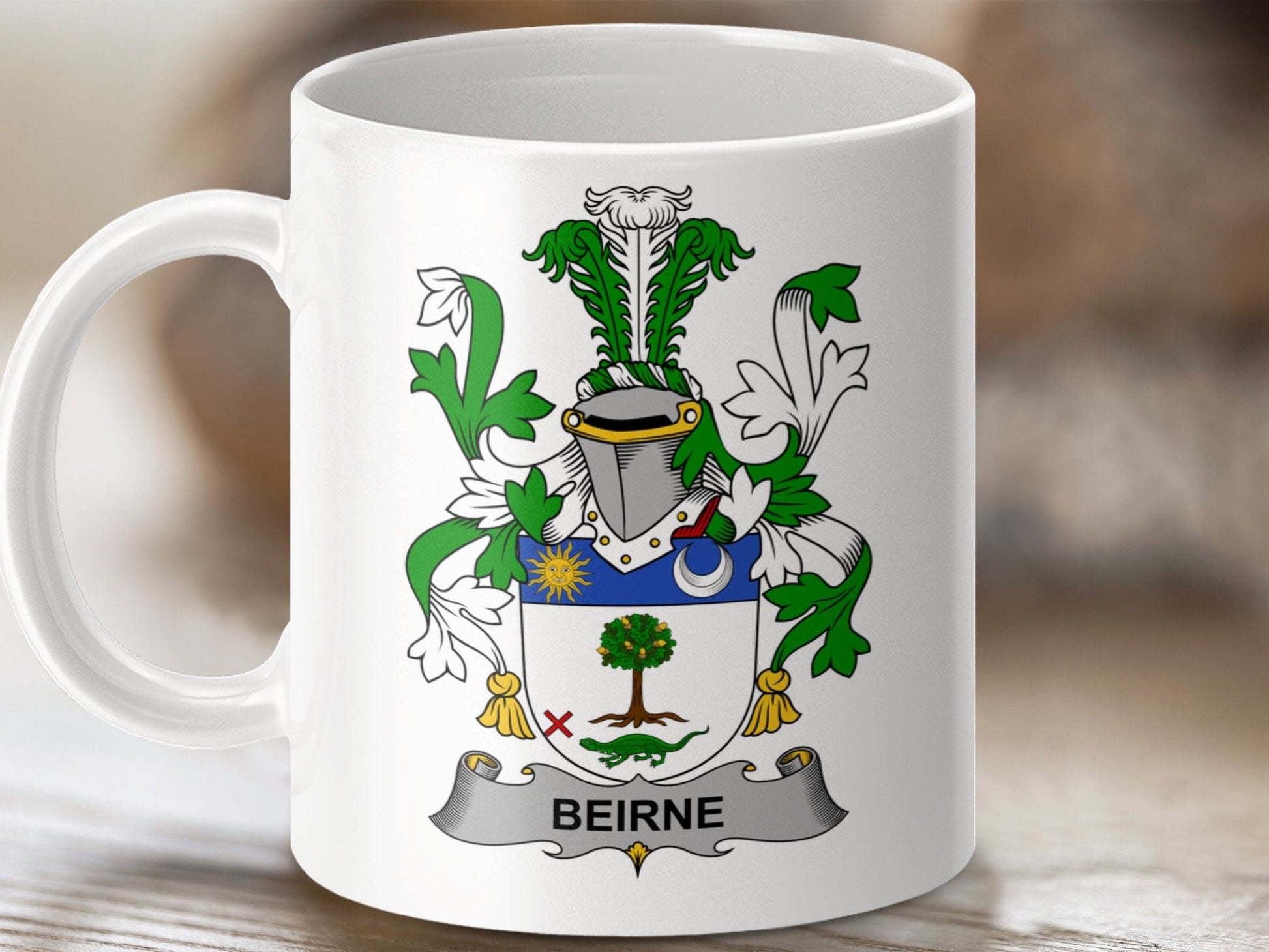 Physical Item 11oz / White Beirne Surname Irish Heraldry Ceramic Mug