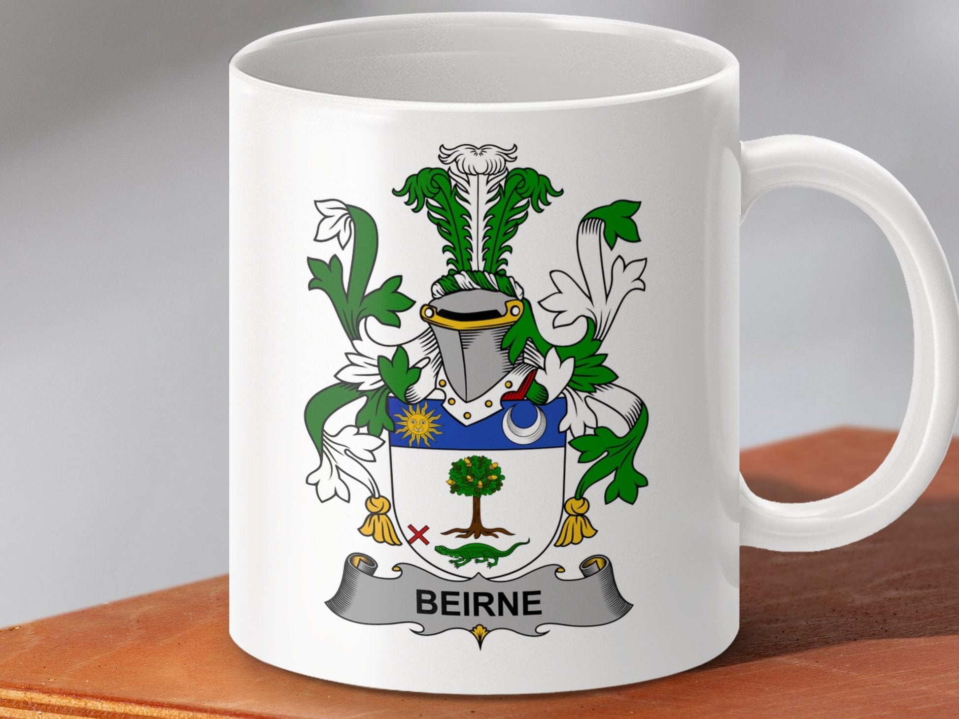 Physical Item 11oz / White Beirne Surname Irish Heraldry Ceramic Mug